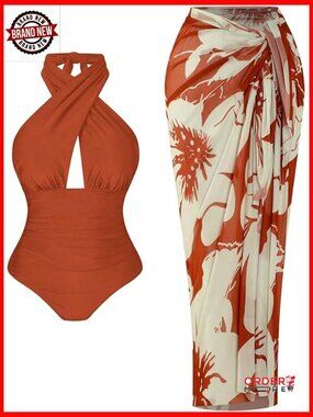 Plus Size Halter Monokini Swimsuit with Cover Up Skirt